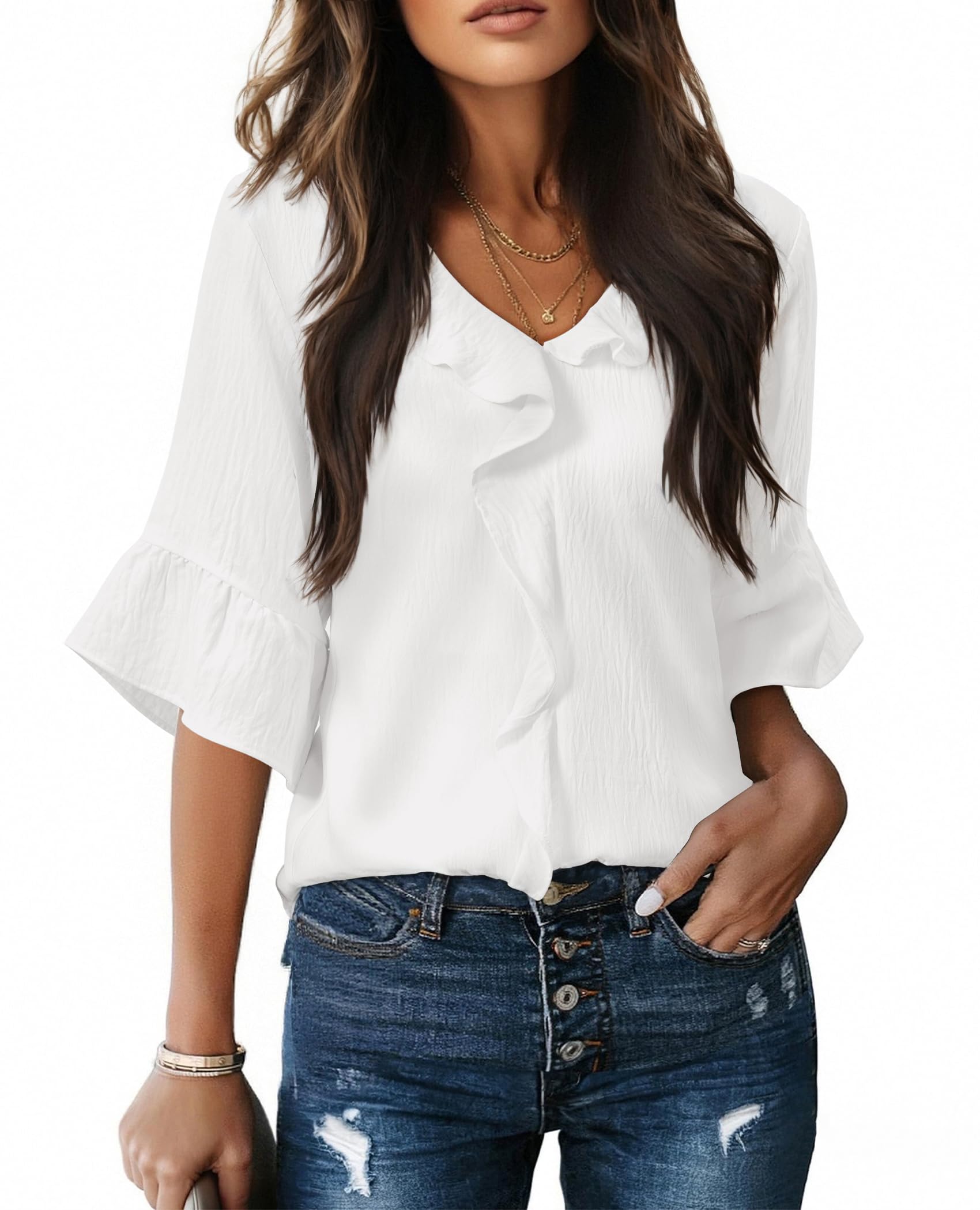 siliteelon Camicette da donna eleganti casual con maniche a 3/4 con volant a cam