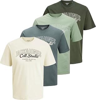 JACK & JONES Men's T-Shirt, Pack of 3, Cotton, Crew Neck, Short Sleeve, with Print, Comfortable Casual Shirts in Modern Design