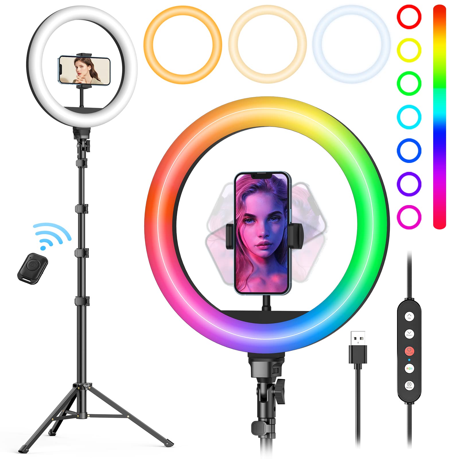 Weilisi 10" Ring Light with Stand 72'' Tall & Phone Holder,38 Color Modes Selfie