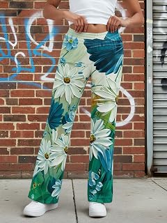Women Wide Leg Pants High Waist Printed Wide Leg Pants with Pockets Casual Wear