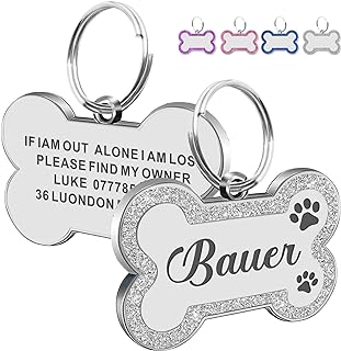 Dog Tags for Pets Engraved UK Personalised ID Tags for Dogs with Any Name & Text Dog Collar Glitter Bone Dog Tag Custom Stainless Steel Dog Name Tag for Puppy Pet Dogs (Silver S, Bone)