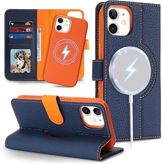 Detachable Genuine Leather Case for iPhone 11 Wallet Case Magnetic 2in1 Removable Flip Cover Book Purse Compatible with Magsafe Charging Kickstand Card Holder-Navy Blue+Orange