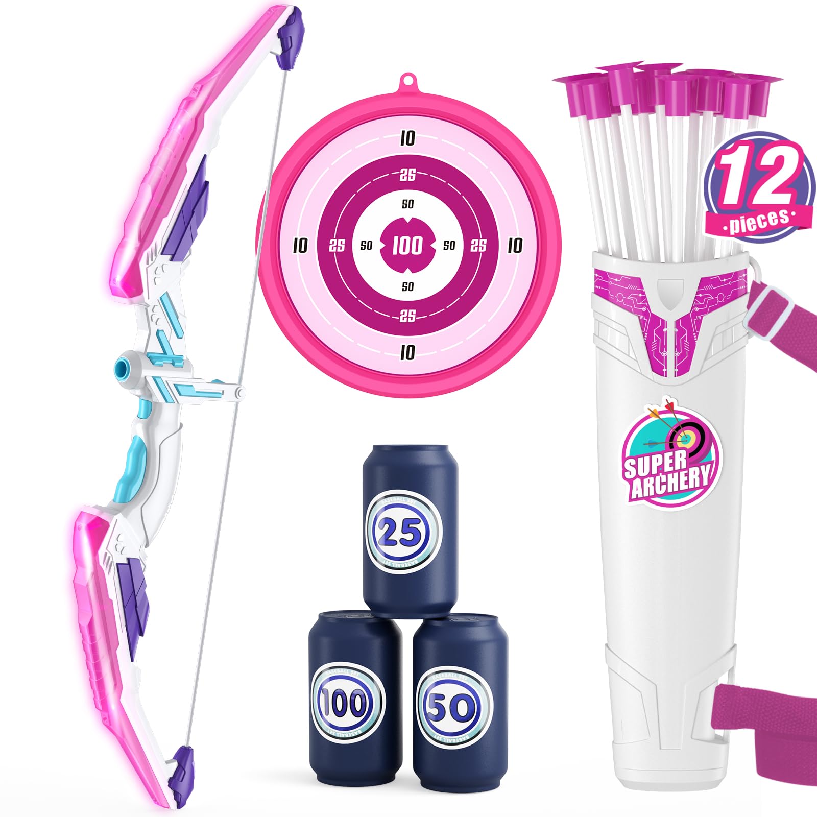 HYES Bow and Arrow for Kids, LED Light Up Archery Set for Girls, Purple | with 1
