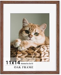 11x14 Picture Frame, Solid Oak Wood 11"x14" Photo Frame with Real Tempered Glass for Wall Home Office Poster Gallery Decor, 11 x 14 Picture Frame with Mat for 8x10, 11 by 14 Wood Frame- Walnut, 1 PC