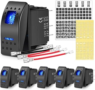 Nilight 6PCS 5PIN SPST Rocker Switches with 6 Sets Jumper Wires Set 20A/12V 10A/24V On/Off Toggle Switches with Night Glow Sticker for Trucks Boats Auto Motorcycles,2 Years Warranty (90131F) , Blue
