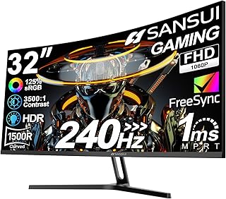 SANSUI 32 Inch Curved 240Hz Gaming Monitor High Refresh Rate, FHD 1080P | Gaming PC Monitor HDMI DP1.4, 1500R Curvature, 1Ms MPRT, HDR,Metal Stand,VESA Compatible(DP Cable Incl.)