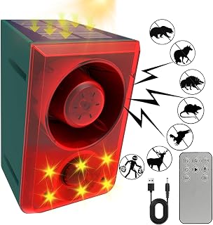 ChunHee Solar Outdoor Motion Sensor Alarm Dog Barking Gunshot Sound 130dB | Support Recording and Adjustable Volume,Loud Noise Maker 3 Work Modes Strobe Light for Home, Villa, Farm, Barn (1pack)