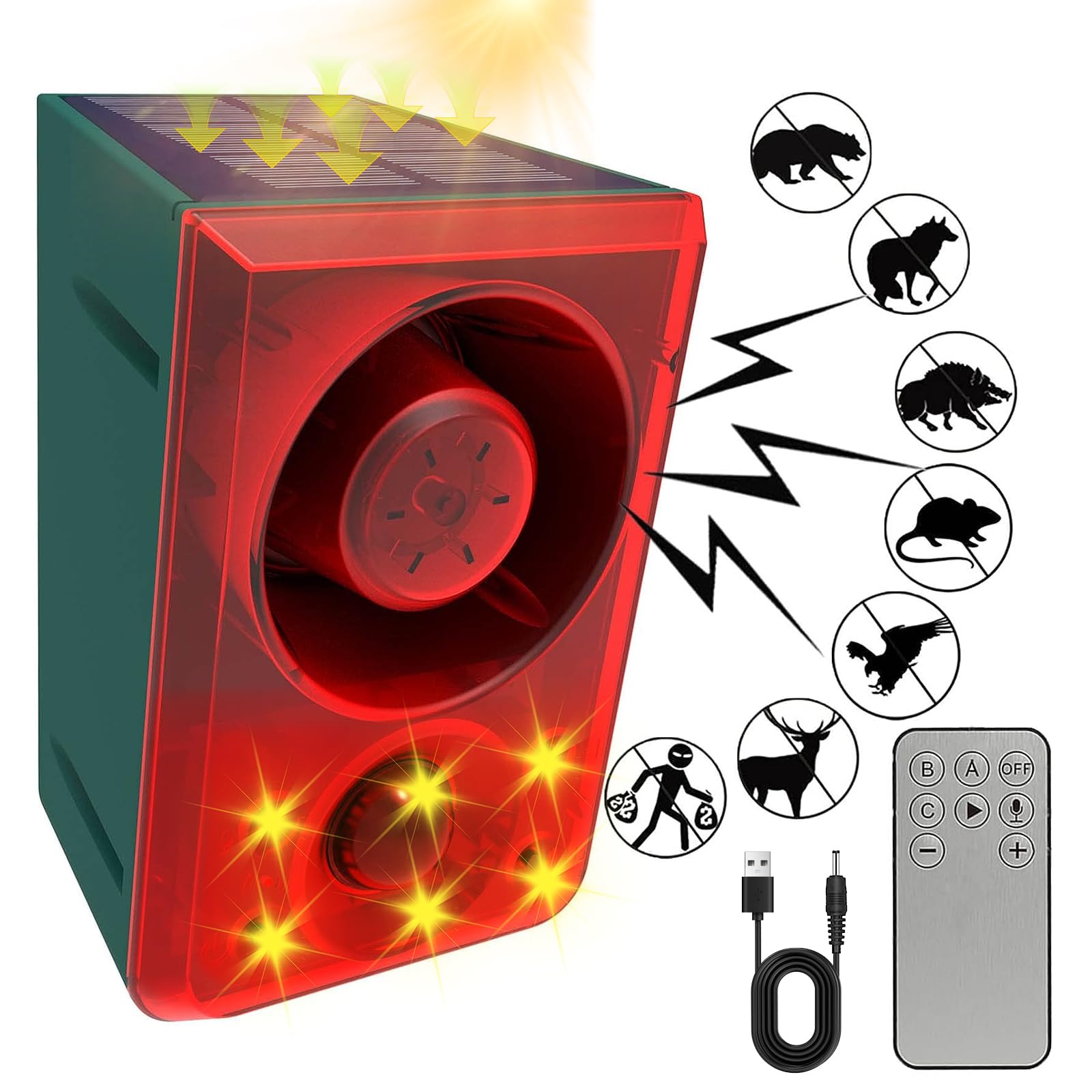 ChunHee Solar Outdoor Motion Sensor Alarm Dog Barking Gunshot Sound 130dB | Supp