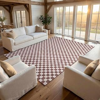 BoutiqueRugs Washable Brown Checkered 9x12 Large Area Rug Contemporary Off White Kaysar Great Room Open Concept Master Bedroom Large Dining Room 9'2" x 12' Easy Clean Stain Resistant