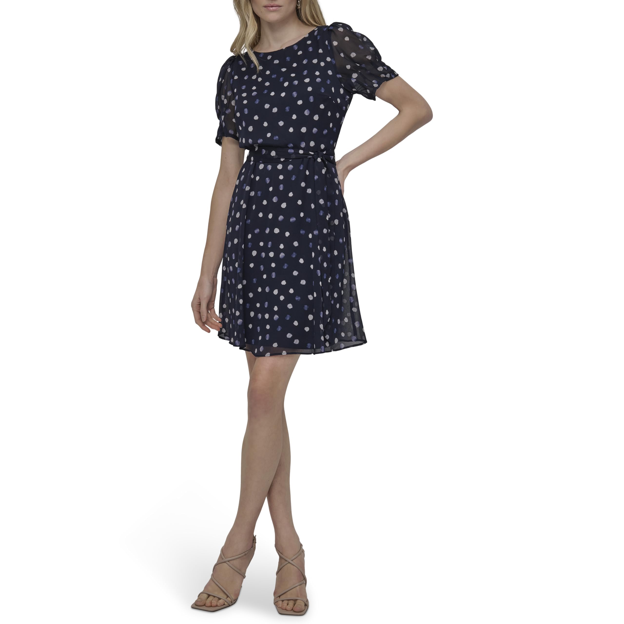 DKNY Women's Puff Sleeve Tie Waist A-Line Mini Dress