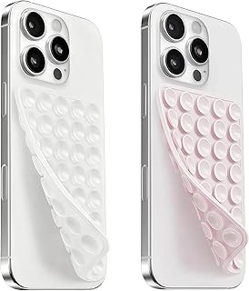 (2 Pack) Suction Cup Phone Case Mount Double Sided, Clear & Light Pink | Silicone Sticky Phone Grip with Higher Suction Power for Cell Phone, Hands-Free Phone Accessories for Selfies and Videos