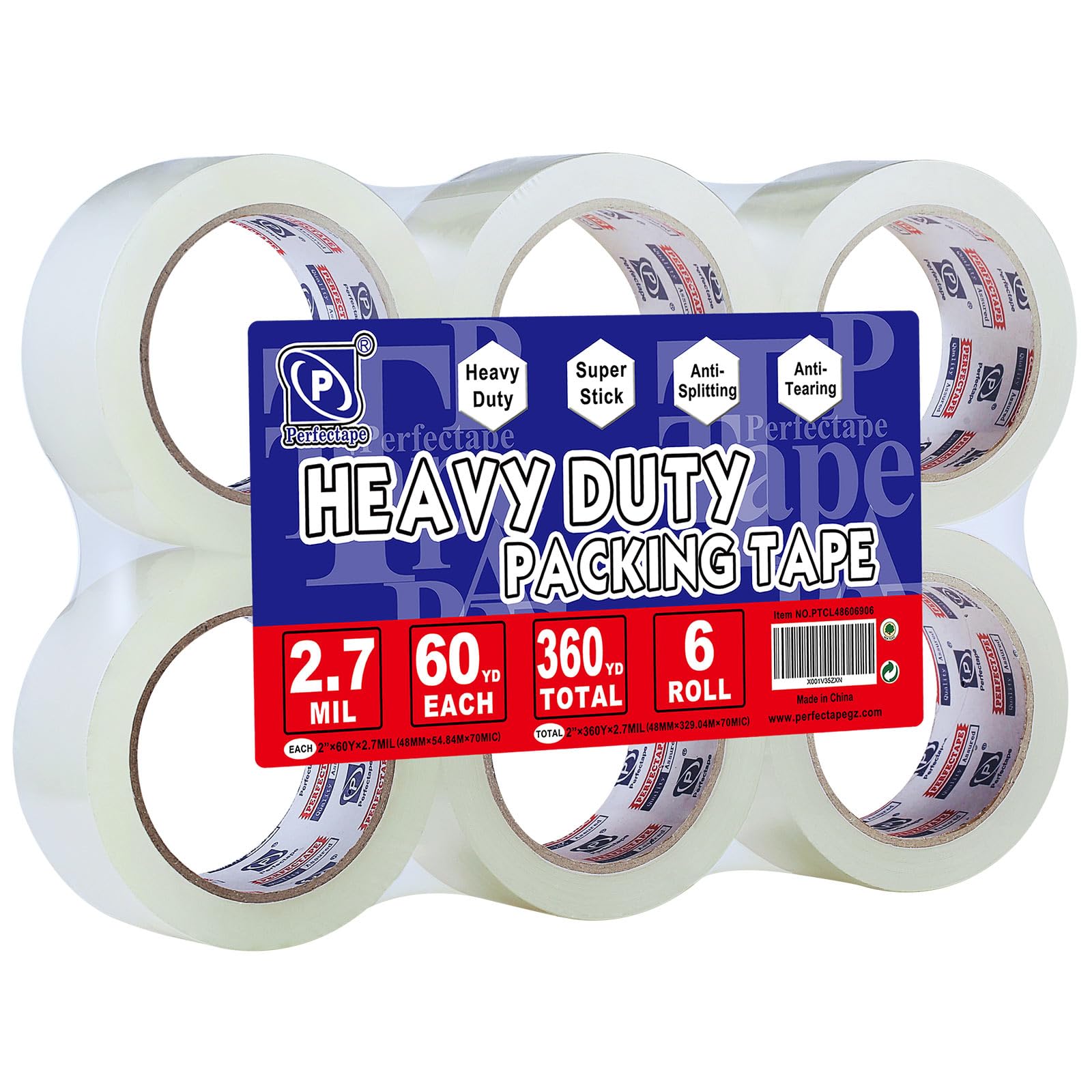 P PERFECTAPE Heavy Duty Packing Tape 6 Rolls, Clear, 2.7 mil, 1.88" x 60Y | Tota