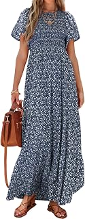 PRETTYGARDEN Smocked Top Summer Dresses for Women 2026 Short Sleeve Floral Maxi Dress for Women Spring Maxi Dress with Ruffle Sleeves for Women Beach and Holiday Women (Pack of 1)