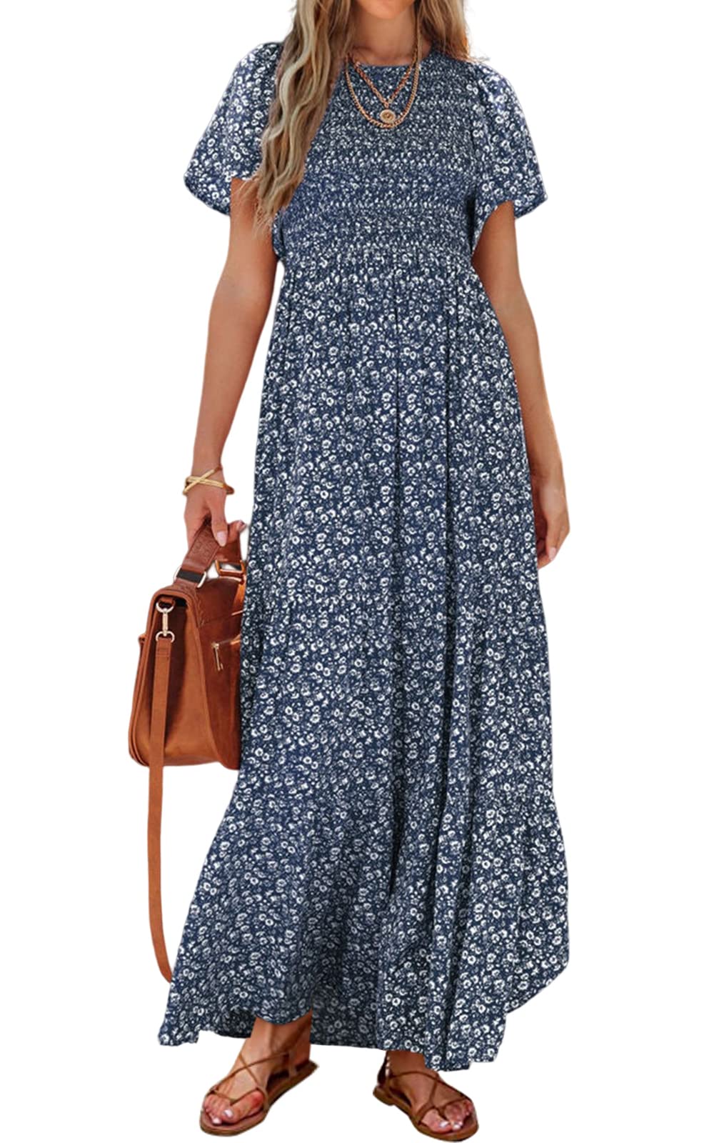 PRETTYGARDEN Smocked Top Summer Dresses for Women 2026 Short Sleeve Floral Maxi 