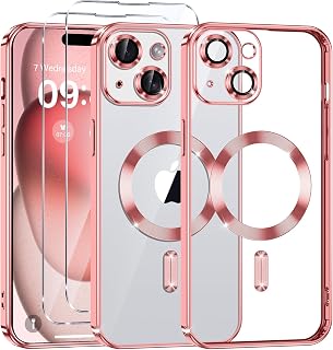 Phoona Clear Magnetic Case for iPhone 15 6.1 Inch Compatible with MagSafe + 2 Tempered Glass Screen Protectors, Anti-Yellowing, Shockproof, Wireless Charging, Anti-Scratch, Pink