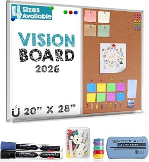 Besso Vision Board 2026: Dry Erase Cork Board Combo Set - 20" x 28" Magnetic White Board and Cork Bulletin Combination Board, Use as Message Board, Memo Board - w/Markers, Eraser, Magnets, Push Pins