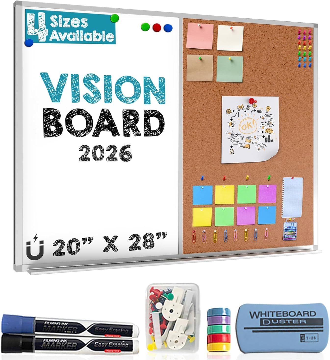Besso Vision Board 2026: Dry Erase Cork Board Combo Set - 20" x 28" Magnetic Whi