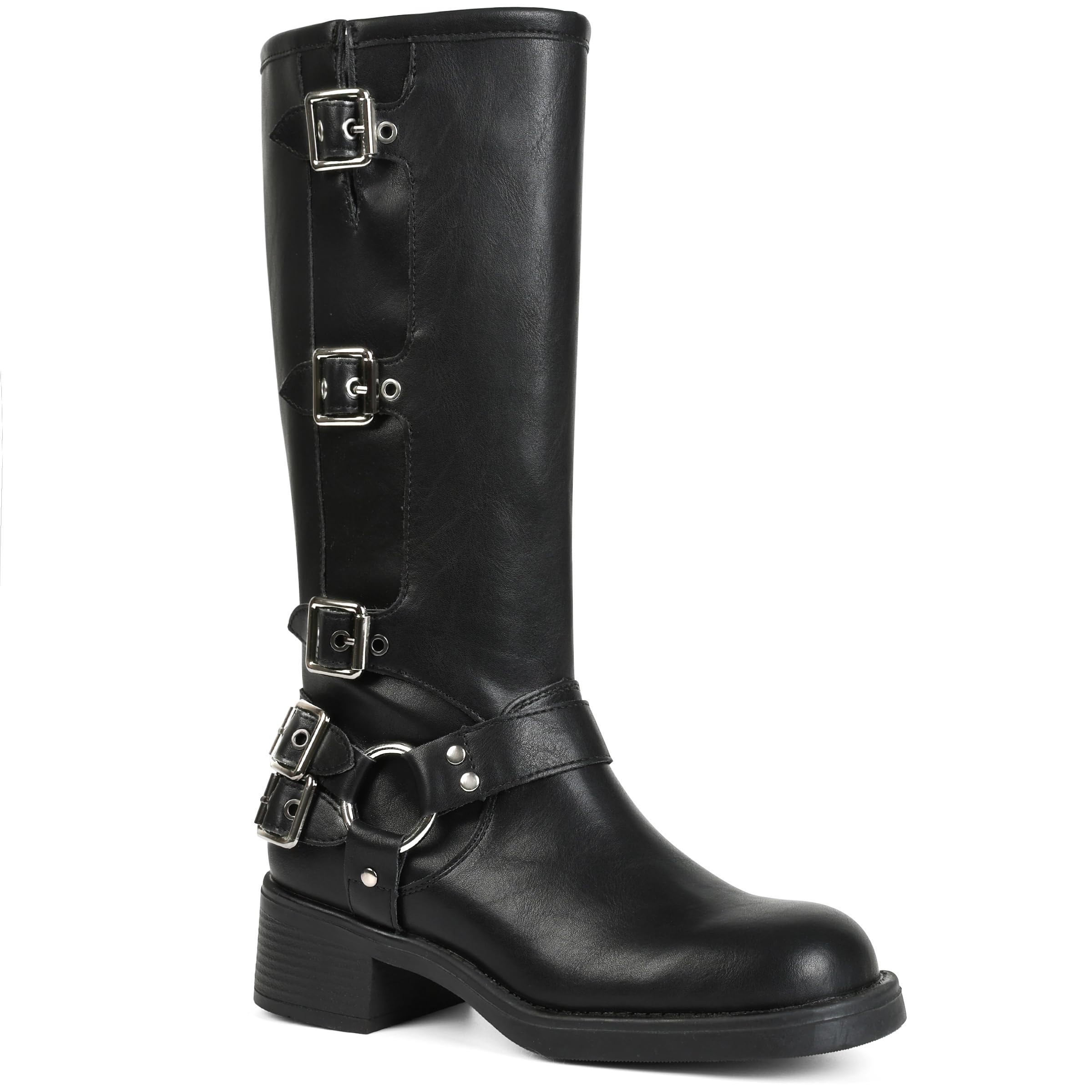 AMINUGAL Knee High Boots Women Moto Biker Buckle Tall Boots