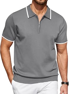 COOFANDY Polo décontracté à manches courtes en tricot avec fermeture éclair pour homme, coupe classique, gris, Taille S