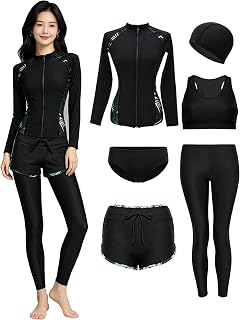 Women's Swimsuit, Top and Bottom Set, Body Cover, Separate, Fitness Swimsuit, Shorts, Long Sleeve, Rash Guard, Shorts, Tankini, 6-Piece Set, Tank Top, Swim Cap, Leggings, UV Protection, For