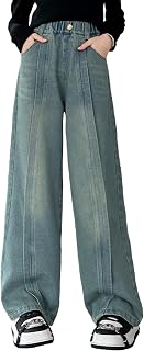 Rolanko Girls Jeans Wide Denim Trousers Elastic Waist for Children
