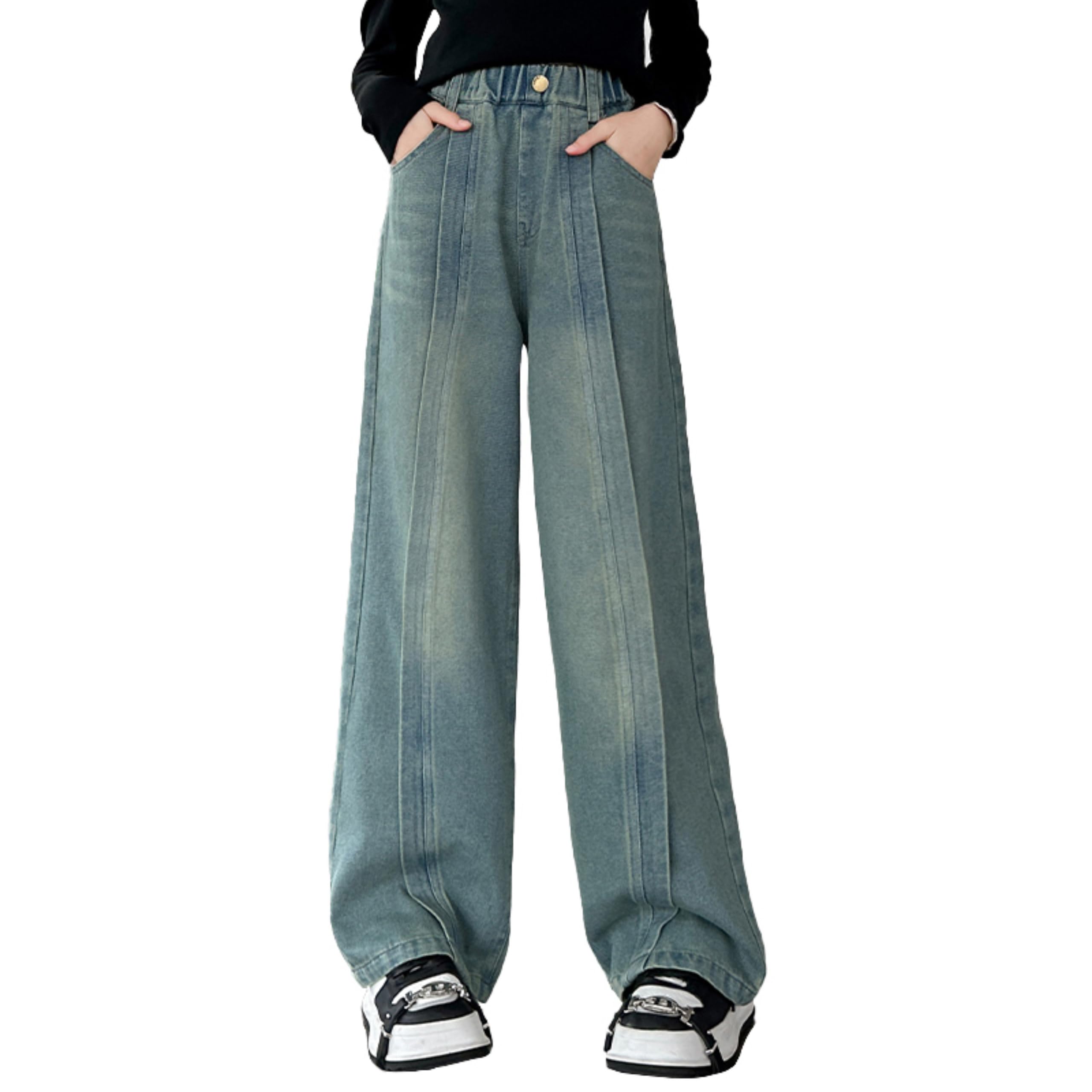 Rolanko Girls Jeans Wide Denim Trousers Elastic Waist for Children