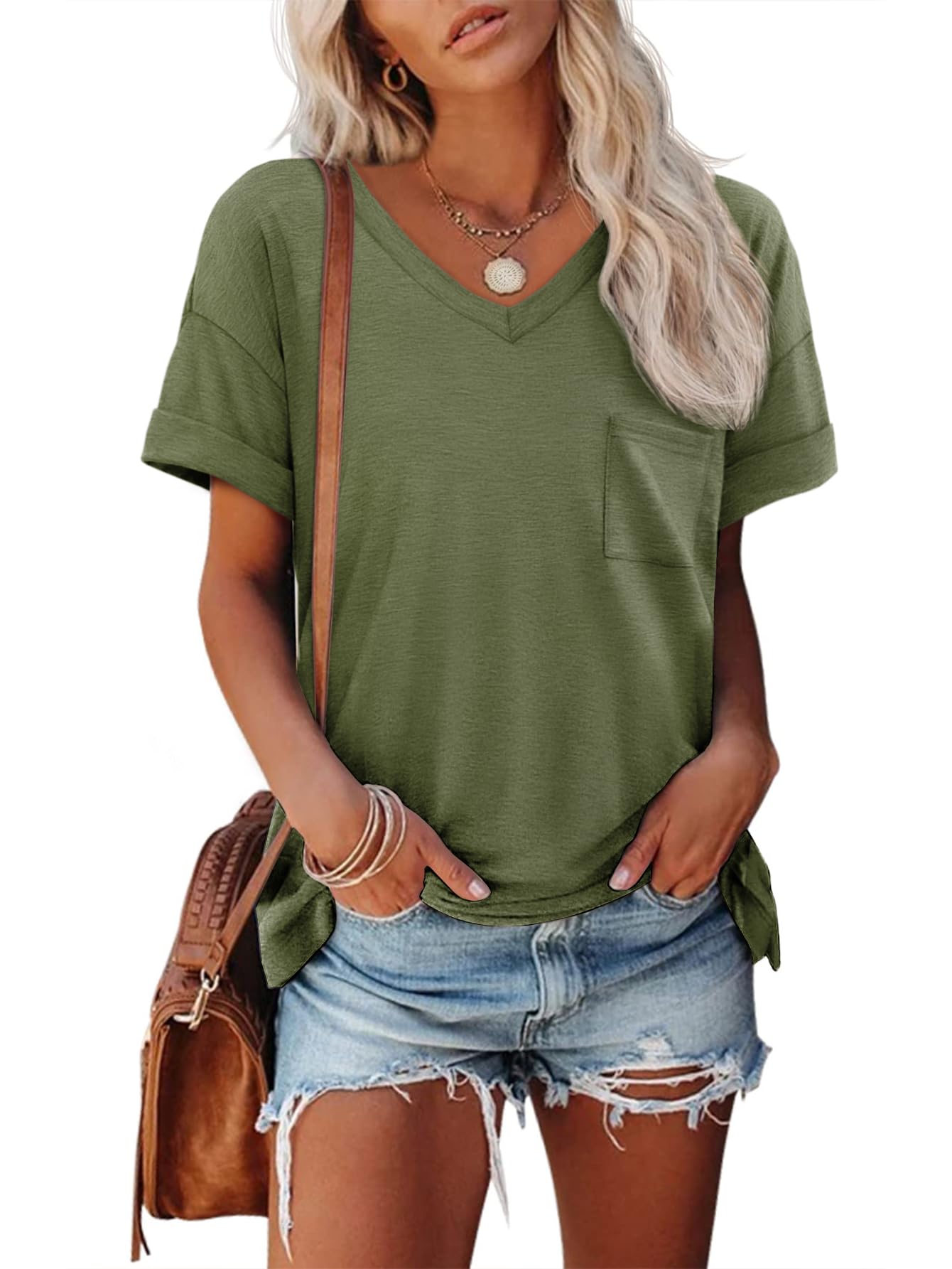 ATHMILE 2025 Women Short Sleeve V Neck Cute Fit Summer Casual T Shirts S-3XL Bea