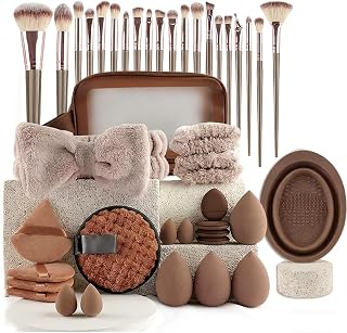 42 in 1 Professional Makeup Brush Set with Eyebrow Eyelashes Eyeshadow Powder Makeup Tools Gift for Women Brown