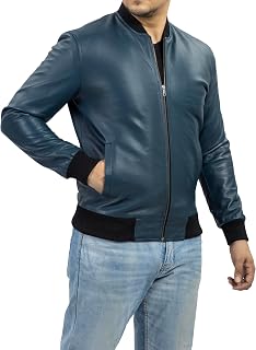 Jild Mens College Style Leather Bomber Jacket - MA-1 Classic Genuine Leather Jacket for Men