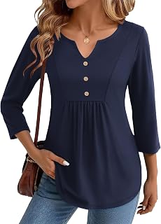 Zeagoo Maglietta da donna con maniche a 3/4, scollo a V, elegante, casual, plissettata, da lavoro, camicette di base, S-3XL