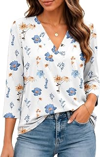 Bliwov レディース 七分袖 Vネック トップス ルーズフィット Tシャツ カジュアル ブラウス