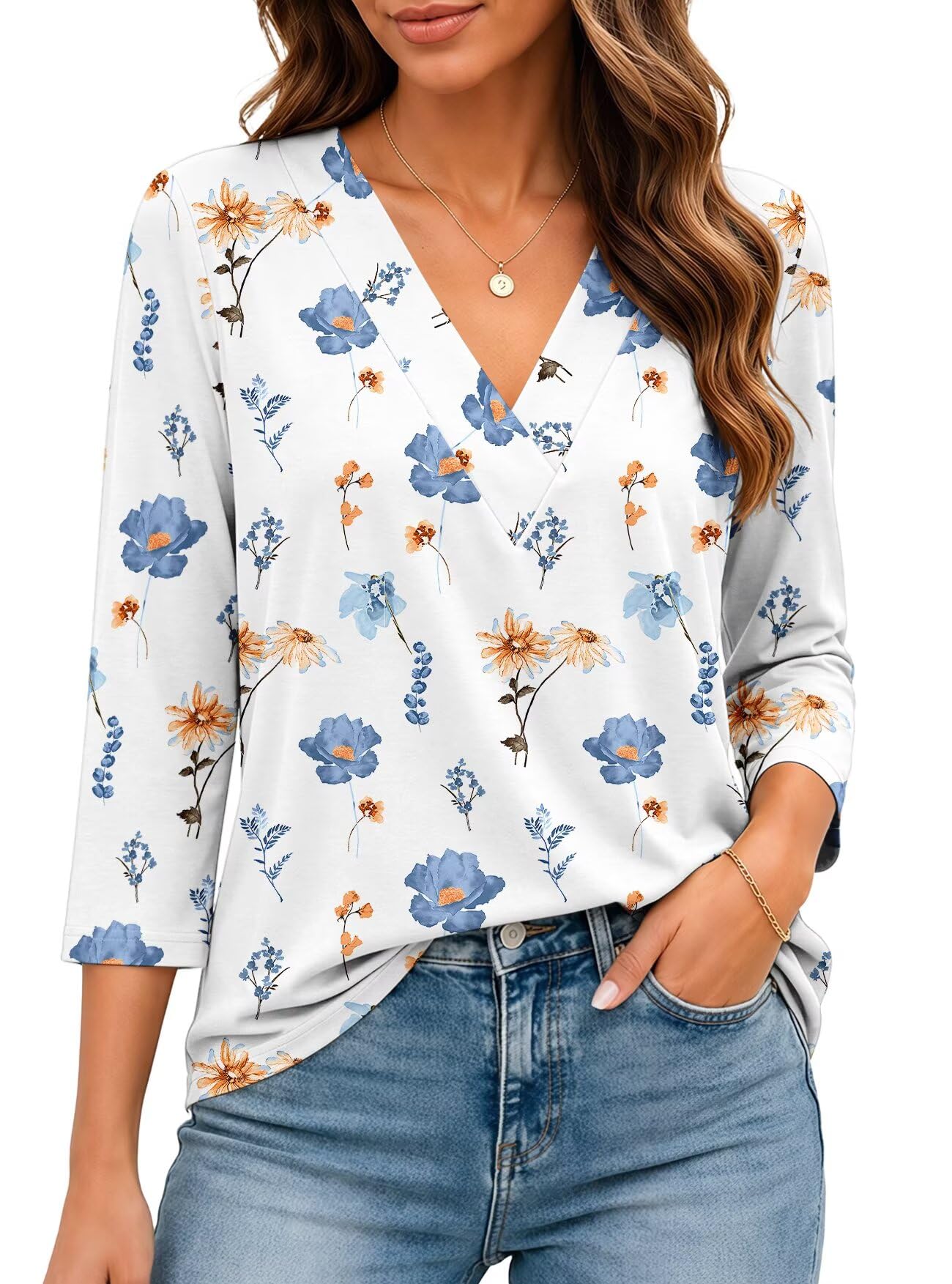 Bliwov レディース 七分袖 Vネック トップス ルーズフィット Tシャツ カジュアル ブラウス