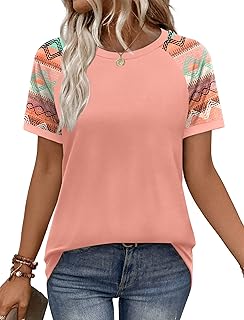 WIHOLL Womens Summer Tops Color Block Short Sleeve Raglan Shirts Spring Fashion Clothes Vacation Outfits