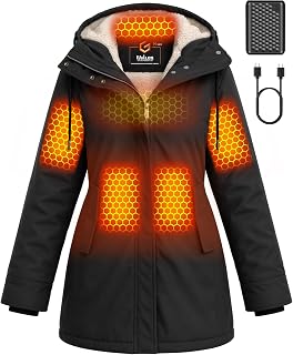 Wulcea Graphene Heated Jacket for Women Cotton Cinched Waist Sherpa Lined Warmth Hooded 12V 18400mAh Large Capacity Battery