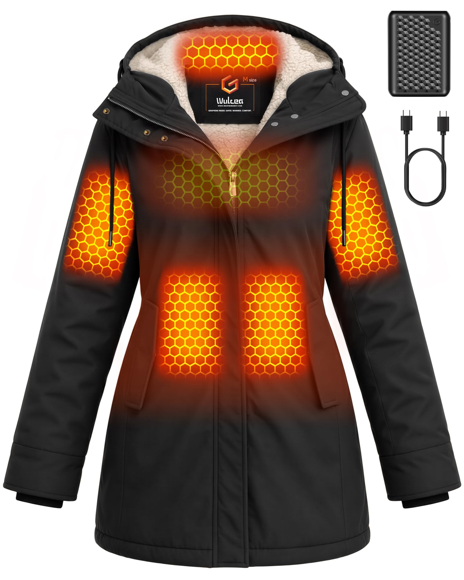 Wulcea Graphene Heated Jacket for Women Cotton Cinched Waist Sherpa Lined Warmth