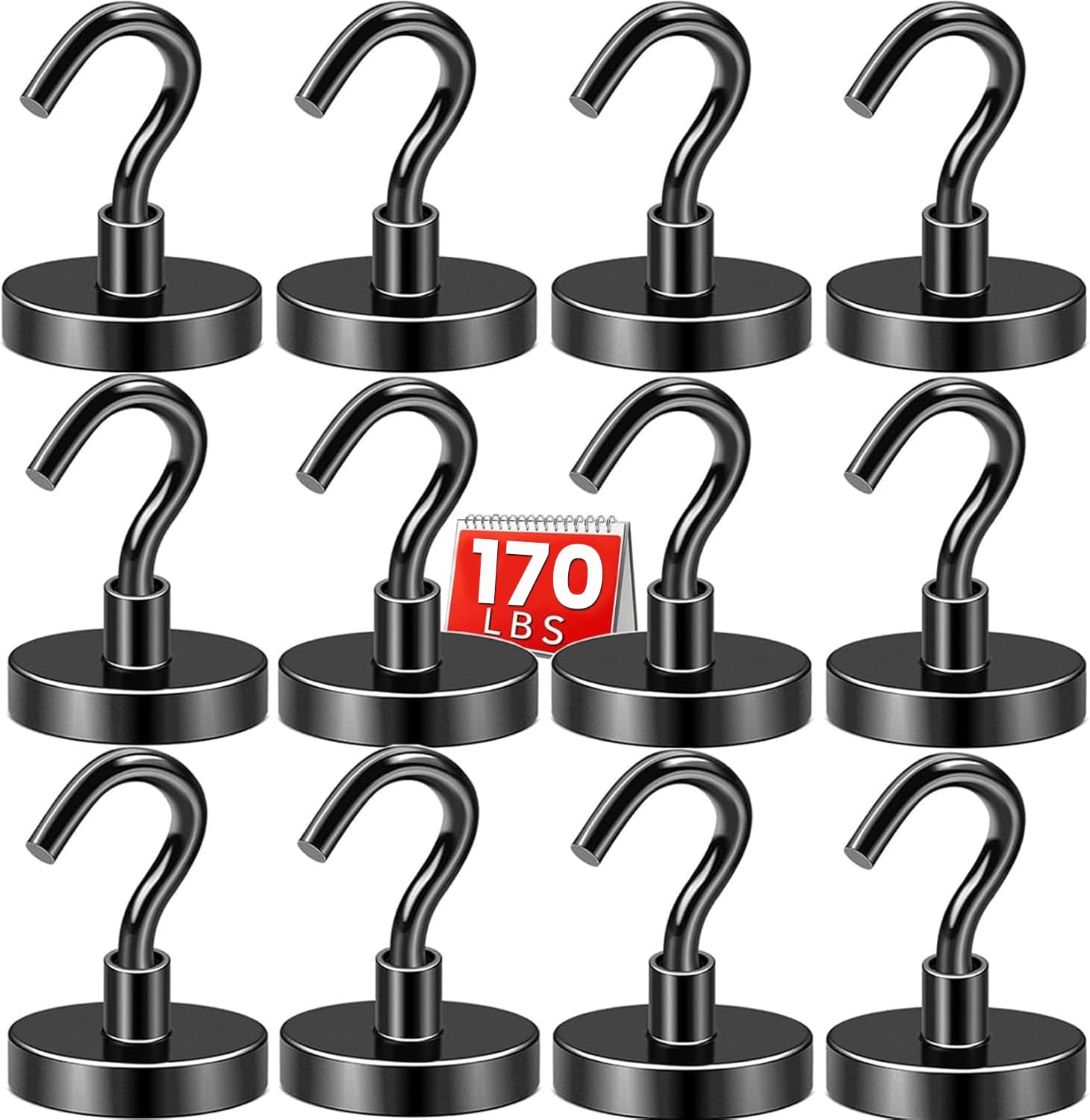 DIYMAG Magnetic Hooks,170lbs Heavy Duty Magnets with Hook Black 12 Pack | Rare E