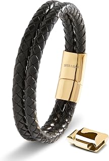 SERASAR Men's Black Cowhide Leather Bracelet, Braided, Magnetic Steel Clasp