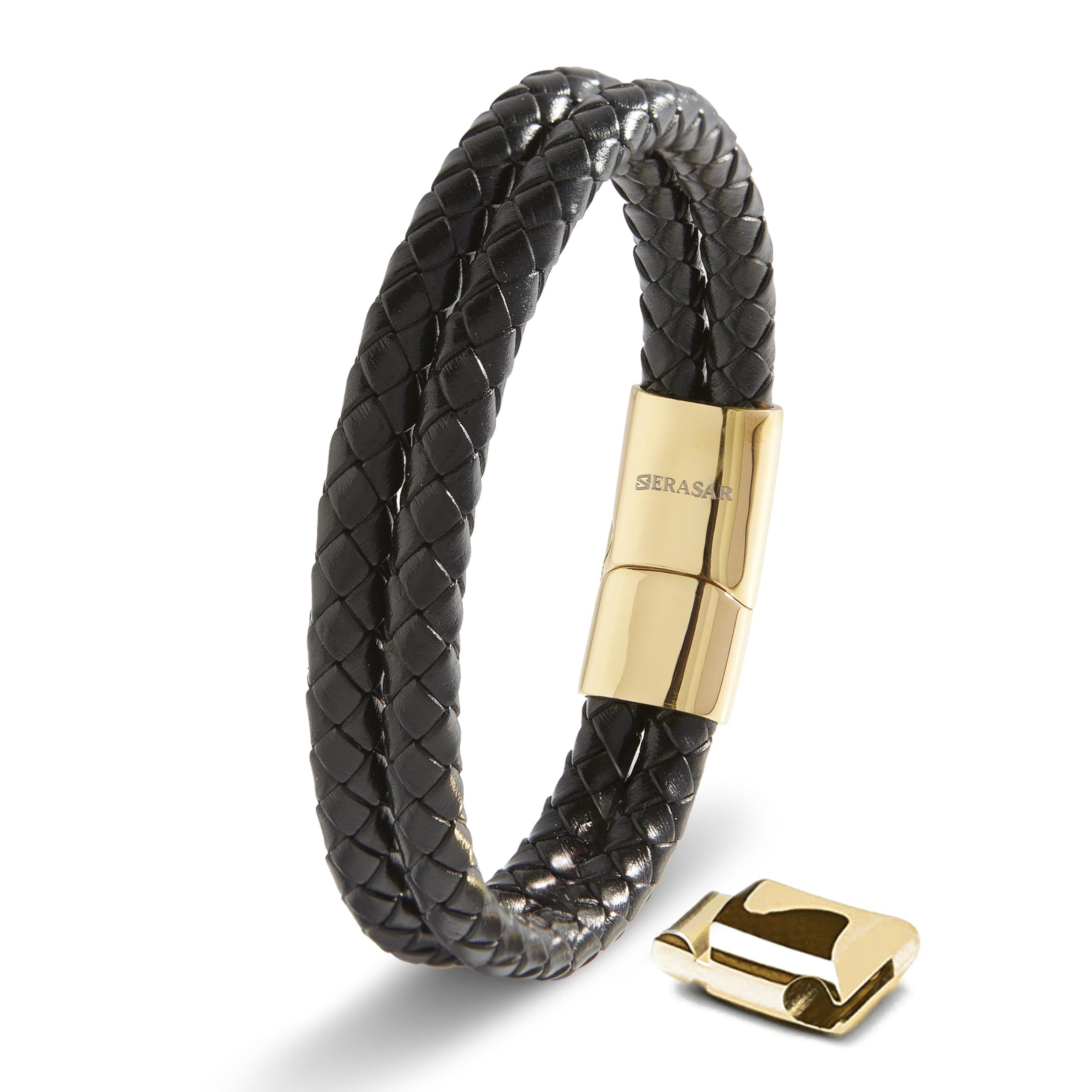 SERASAR Men's Black Cowhide Leather Bracelet, Braided, Magnetic Steel Clasp