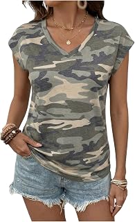 SOLY HUX Women's Camo T Shirt V Neck Cap Sleeve Tee Casual Summer Tops