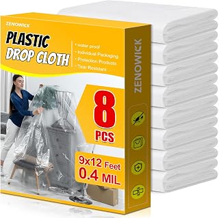 ZENOWICK 8 Pack Plastic Drop Cloth, 9x12 Ft Plastic Sheeting for Painting | Dust-Proof Tear-Resistant Painters Plastics Tarp Cloth for Furniture Floor Sofa Protector Cover Durable & Thick