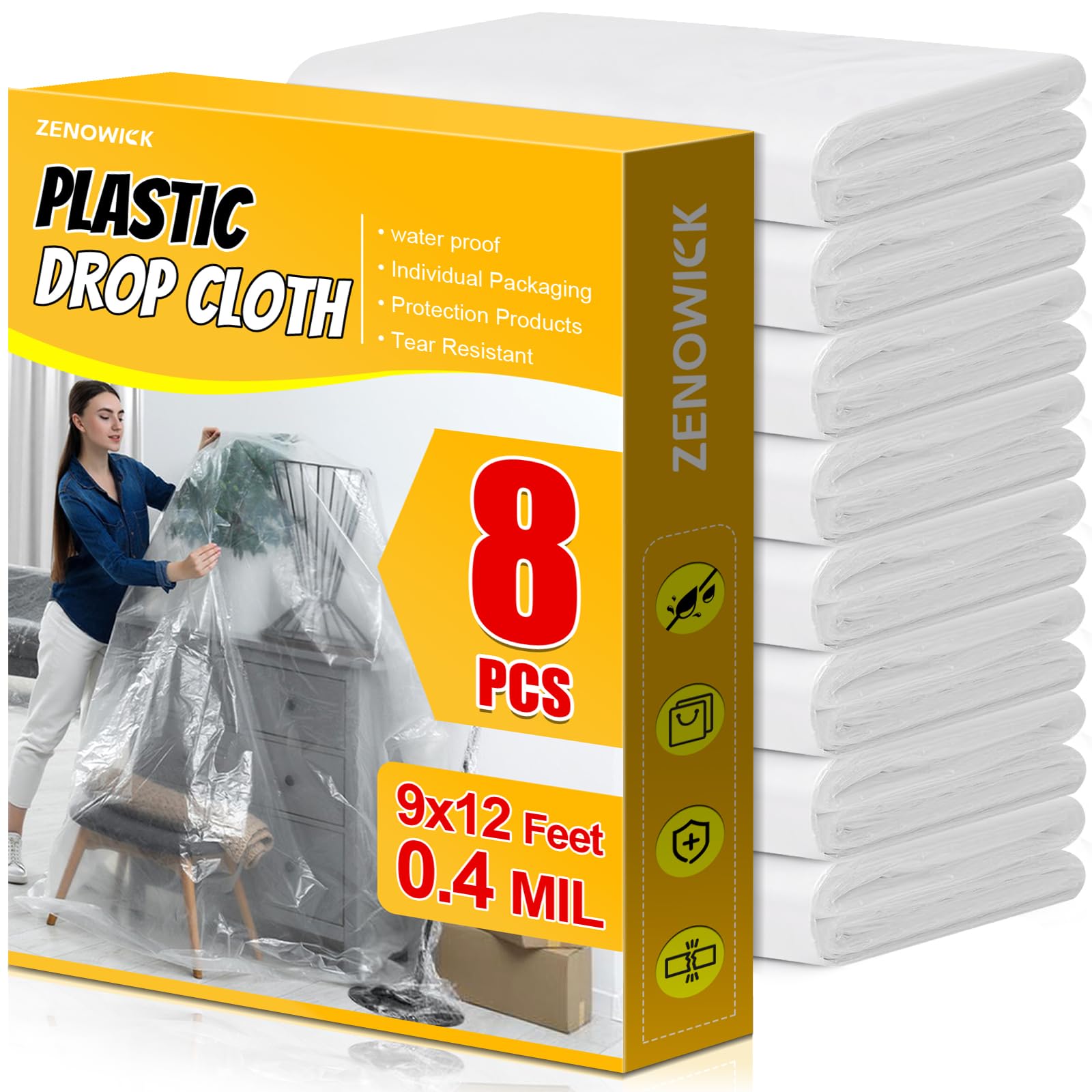 ZENOWICK 8 Pack Plastic Drop Cloth, 9x12 Ft Plastic Sheeting for Painting | Dust