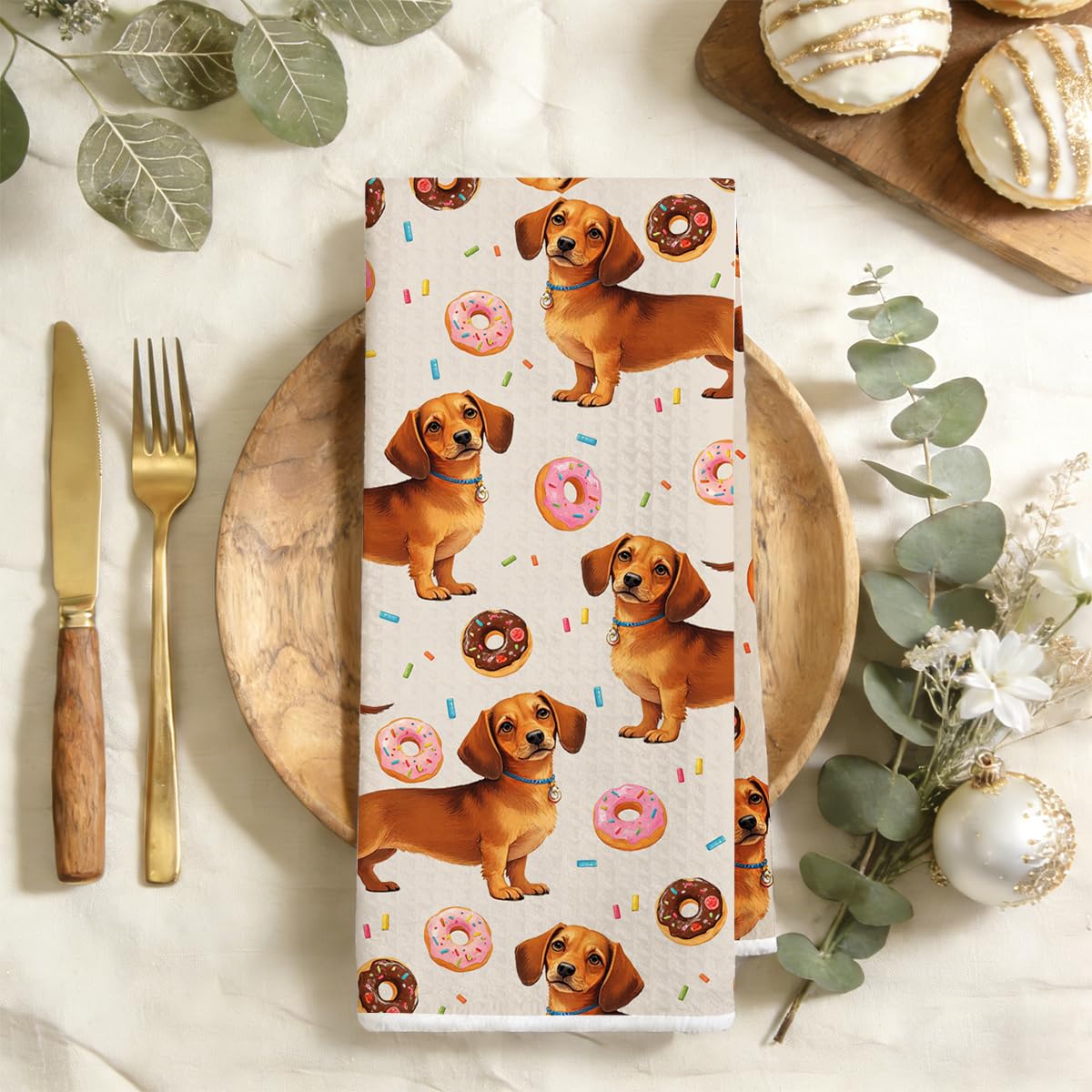 Cute Dachshund Kitchen Towel, Donut Decor Absorbent Microfiber Cloth Tea Towel, 