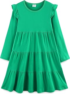 Bumeex Girl's Dresses Cotton Ruffle Sleeve Tiered Swing A-Line Cute Midi Casual Sundress