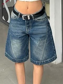 Women's High Waist Wide Leg Denim Bermuda Shorts Retro Wash Loose Jorts with Side Seam Detail