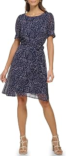 DKNY Women's Puff Sleeve Tie Waist A-Line Mini Dress