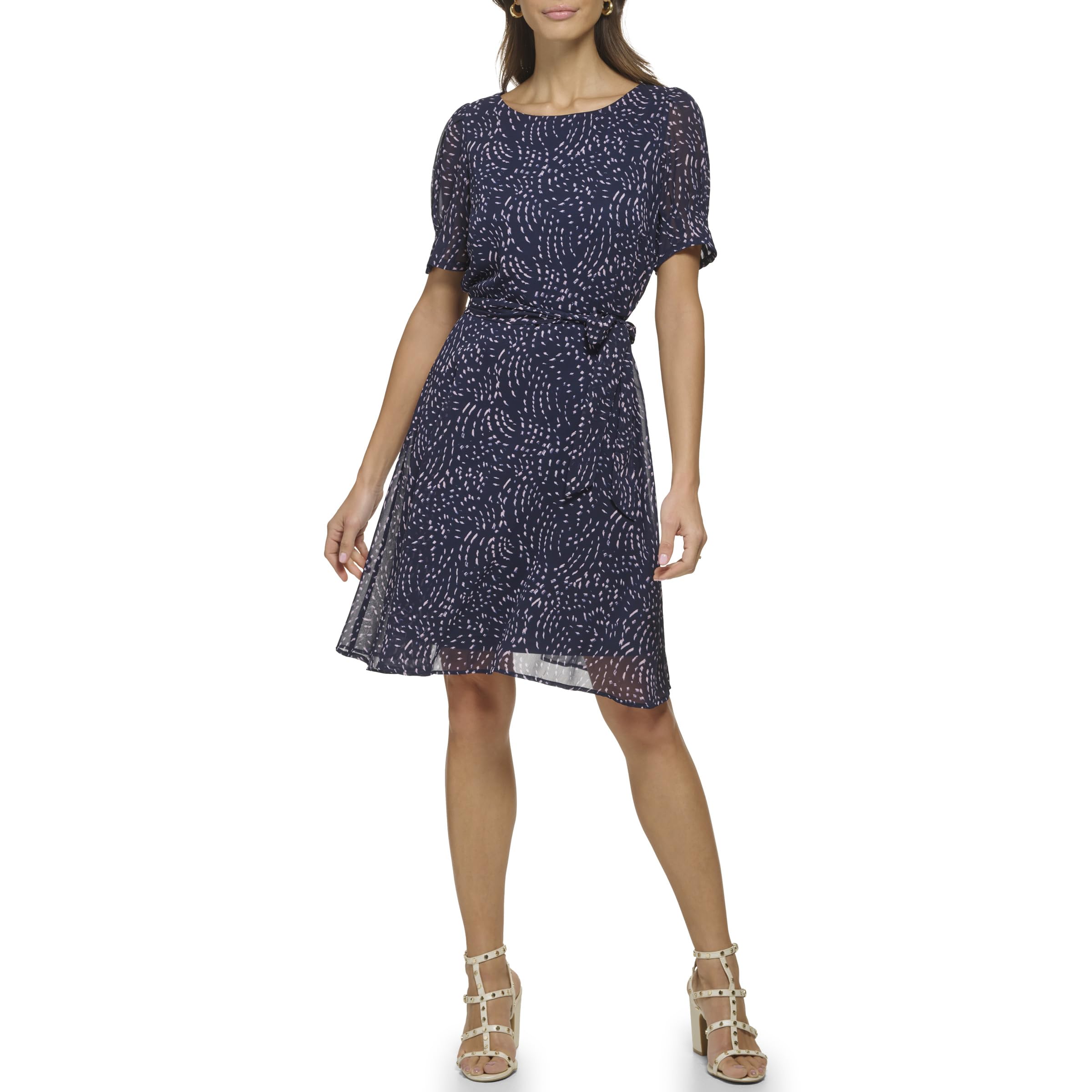 DKNY Women's Puff Sleeve Tie Waist A-Line Mini Dress