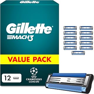Gillette Mach3 Razor Blade Refills for Men, 12 Count | UEFA Champions League Special Edition, Precision Cut Steel Blades, Up to 15 Shaves Per Blade