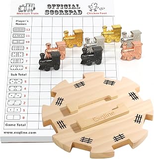 Exqline Mexican Train Dominoes Accessory Set Mexican Train Dominoes Game Including Wooden Hub 70-Sheets Scorepad and 8 Metal Train Markers Classic Family Board Game for Adults & Kids