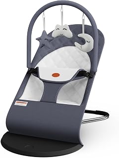 Portable Baby Bouncer Seat for Infants, 0-18 Months, 3 Modes of Use with Rocker &amp; Stationary Options, Ergonomic Infant Chair with Hanging Toys – Grey