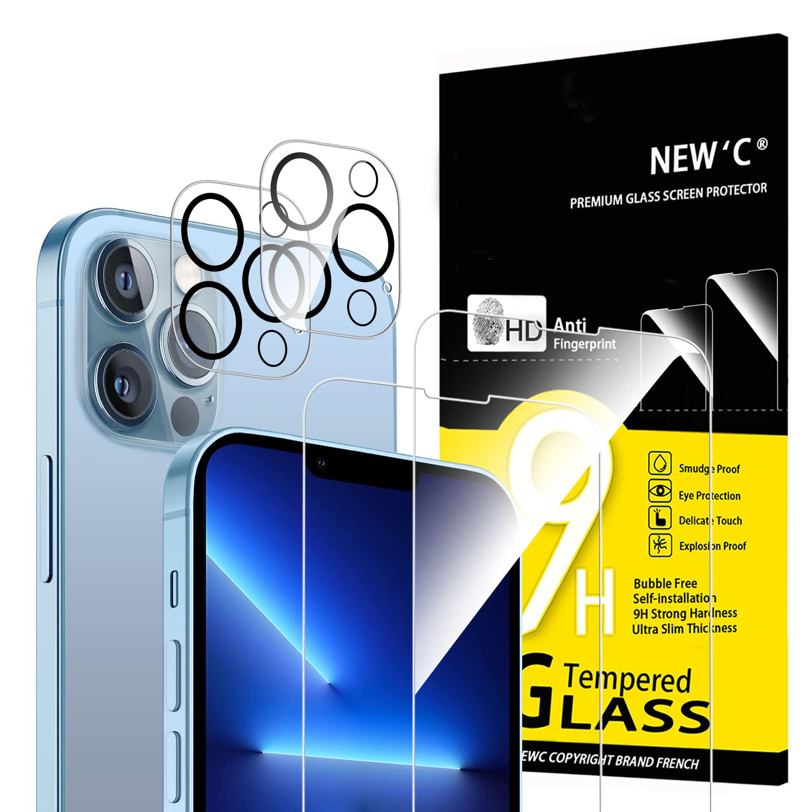 NEW'C Set of 4, 2 x Tempered Glass for iPhone 13 Pro Max and 2 x Rear Camera Pro